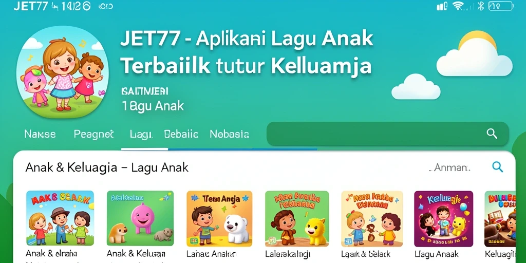 Antarmuka aplikasi JET77 menampilkan koleksi lagu anak yang menarik.