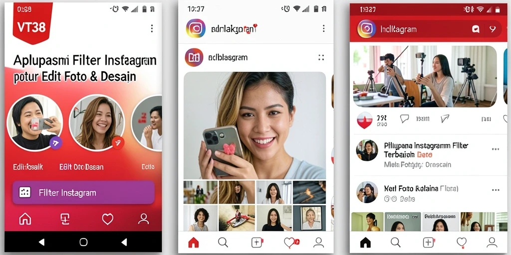Antarmuka VT38 dengan beragam filter Instagram yang menarik.